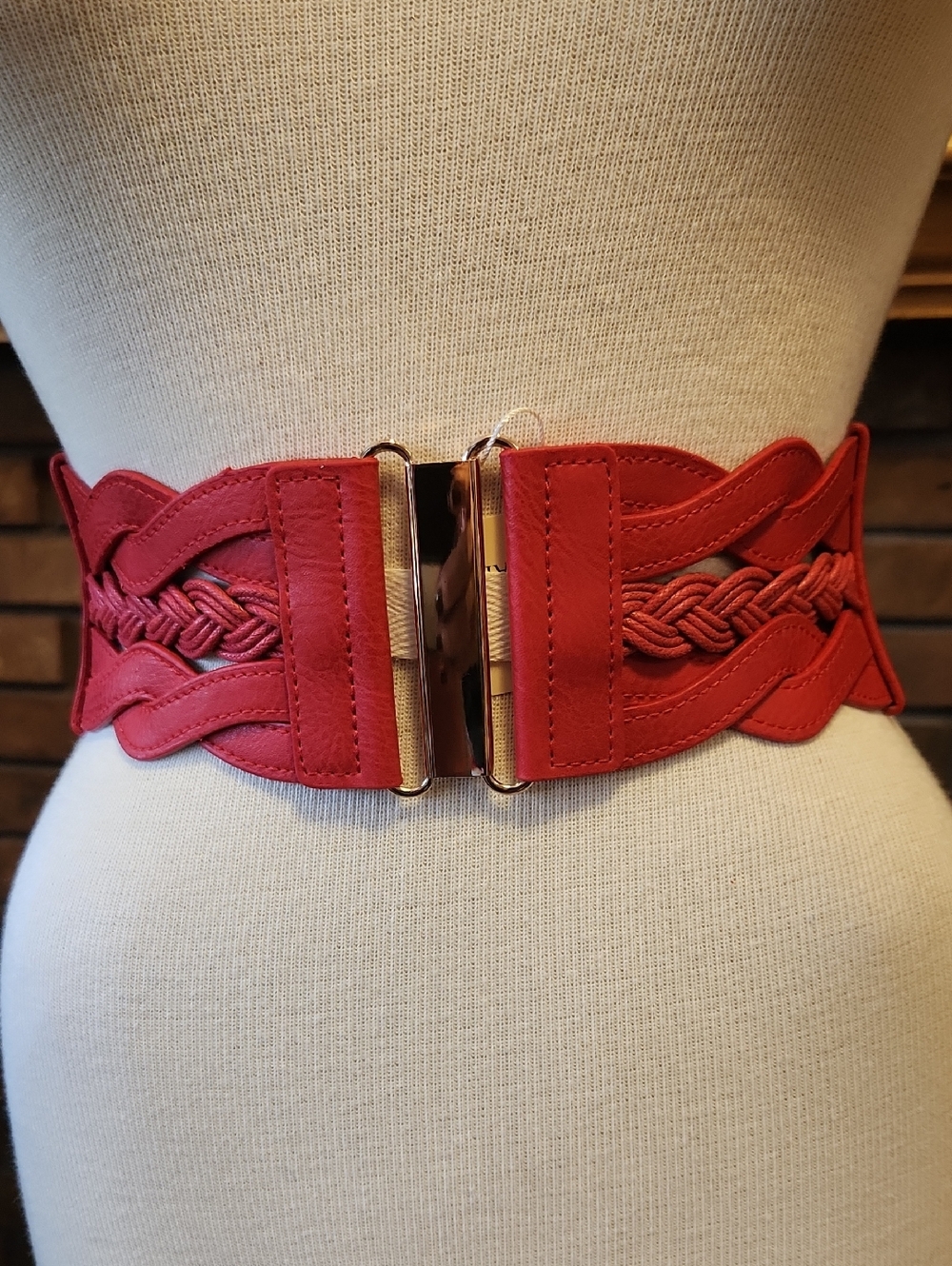 Grace Karin Red Braided Wide Waist Belt Goldtone Metal Clasp Stretchy Small